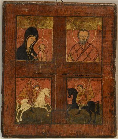 Antica icona ad olio su tavola raffigurante Madonna e santi (cm 31x26) (Difetti)