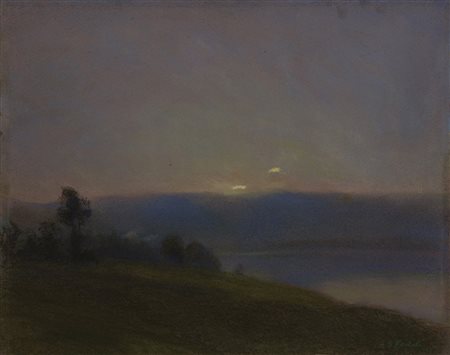 Firma indecifrata "Paesaggio lacustre" 1920. Pastelli su carta (cm 40x50)...