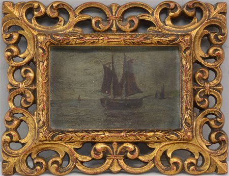 Ignoto, fine sec. XIX "Barche" Olio su tela (cm 10x15). In cornice dorata