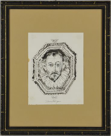 "Montaigne" 1960, tecnica mista su carta (cm 30x23) reca etichetta al verso...