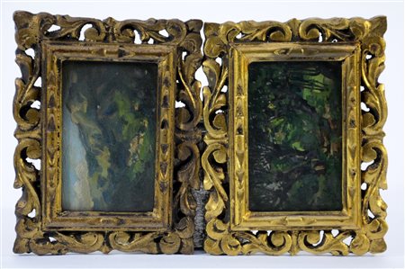 Firma indecifrata, "Paesaggi", coppia di olii su tavoletta (cm 9x14) iscritti...