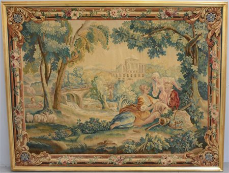Arazzo Aubusson, Francia secolo XX. Tessuto a mano in lana e seta. Decoro con...