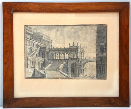 Scuola del sec XVIII "Scorcio di palazzo" acquarello su carta (cm 25x38) in...
