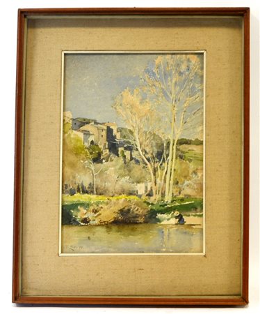 Zuber "Paesaggio con lavandaia" tecnica mista su carta (cm 34x24) firmato e...