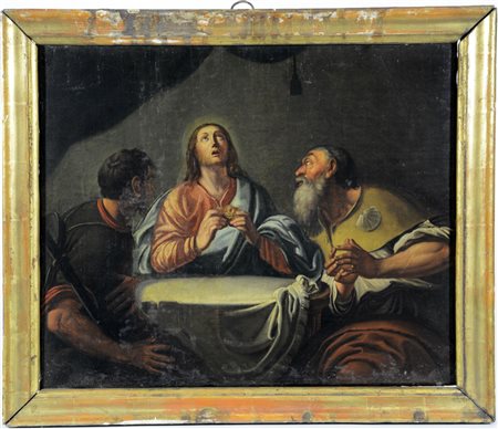 Scuola veneta del secolo XVII "Cena di Emmaus" olio su tela (cm 35,5x42,5) In...