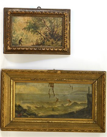 Lotto composto da due dipinti raffiguranti paesaggi, tecniche e misure...