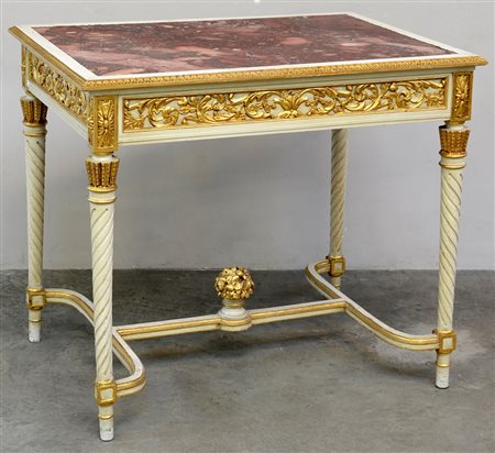 Tavolino da centro stile Luigi XVI in legno laccato bianco con rilievi in...