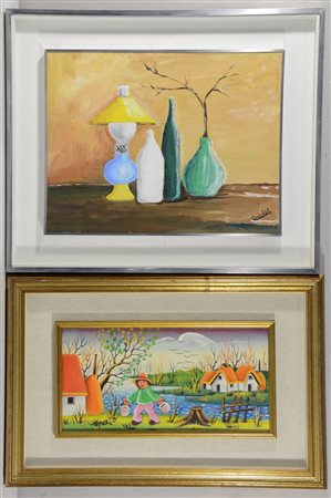 AA. VV. "Natura morta" e "Paesaggio" lotto composto da due dipinti di...