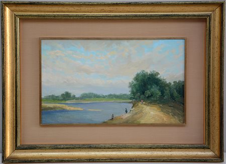 Firma indecifrata "Ticino - Somma Lombarda" 1974 olio su cartone telato (cm...