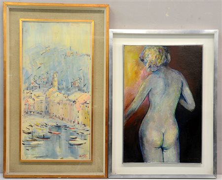 Cella, Cortina "Nudo" e "Paesaggio" lotto composto da due dipinti di tecniche...