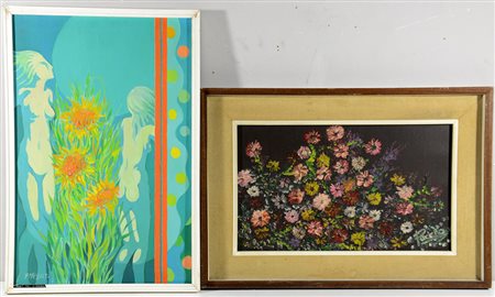 AA. VV. "Nudi" e "Fiori" lotto composto da due dipinti ad olio su tela,...