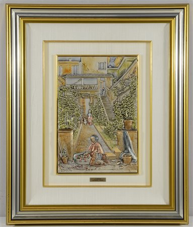 "Piccola fioraia" bassorilievo in lamina d'argento (cm 30x20). In cornice