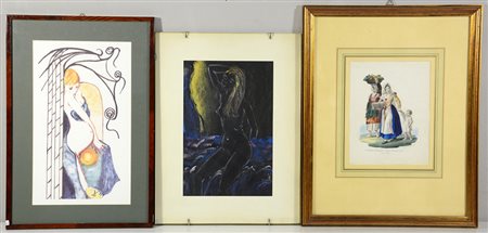 AA. VV. Lotto composto da due stampe e da un disegno a tecnica mista, misure...