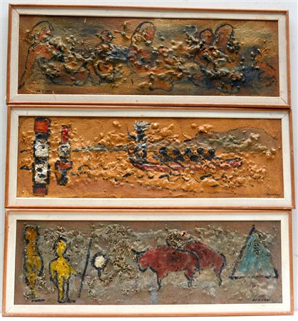 De Giorgi "Composizioni" Lotto composto da tre dipinti a tecnica mista su...