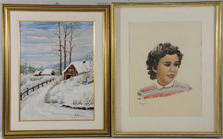 AA. VV. "Paesaggio" e "Ritratto di ragazza" lotto composto da due dipinti di...