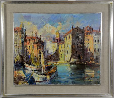 Firma indecifrata "Scorcio di canale" olio su tela (cm 50x60) firmato in...