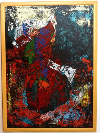 Firma indecifrata "Composizione astratta" tecnica mista su tela (cm 70x50)...