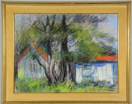 Cascella "Case" tecnica mista su carta applicata su compensato (cm 47x63). In...