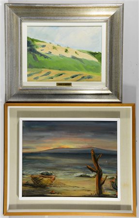 Firme indecifrate "Paesaggi" lotto composto da due dipinti ad olio su tela,...