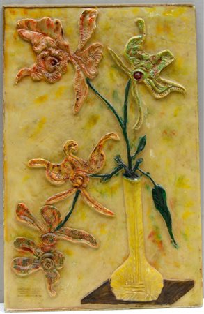 "Vaso con fiori" bassorilievo in resina (cm 70x45) (difetti e mancanze)