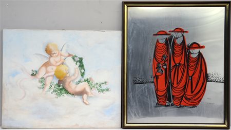 Lotto composto da un dipinto su tela raffigurante angeli e da una serigrafia...