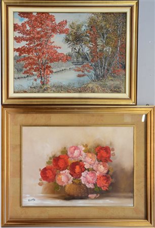 Frank, Pische "Fiori" e "Paesaggio", lotto composto da due dipinti ad olio su...