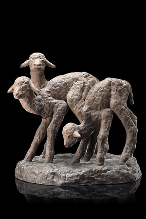 E. Bach "Agnellini" gruppo in terracotta (h cm 30,5) firmato alla base (lievi...