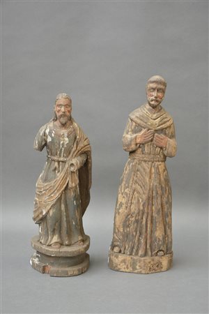 Arte del sec. XVIII. "Santi", due sculture lignee decorate in policromia (h...