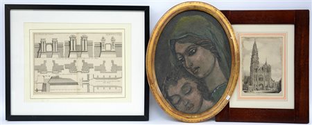 Lotto composto da due incisioni diverse e un dipinto ovale raffigurante...