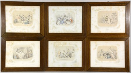 Gruppo di sei litografie francesi a colori raffiguranti scene di vita...