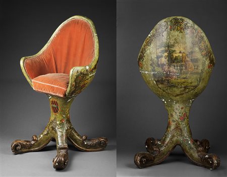Sedia da gondola in legno laccato a fondo verde e decorato in policromia a...