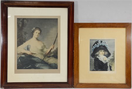 Lotto composto da due stampe a colori raffiguranti figure femminili in cornici