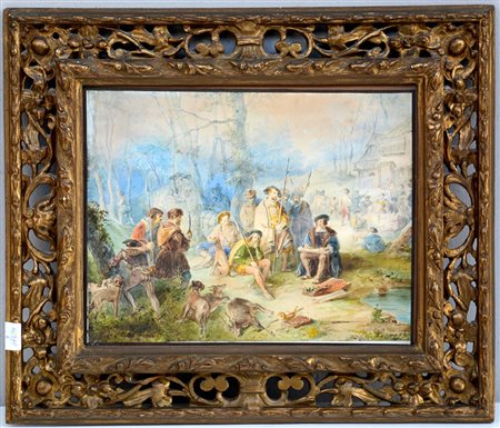 Cesare Provaggi XIX Secolo "Riposo dopo la caccia" acquerello su carta (cm...