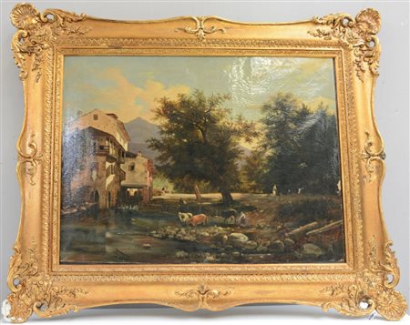 Ignoto "Paesaggio con figure e armenti" olio su tela (cm 73x99) Reca firma...