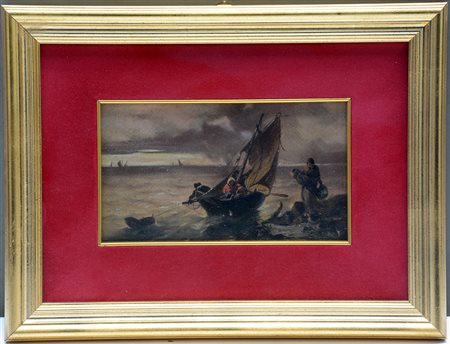 Ignoto, sec. XIX "Marina con barca e pescatori" olio su cartoncino (cm 14x23)...