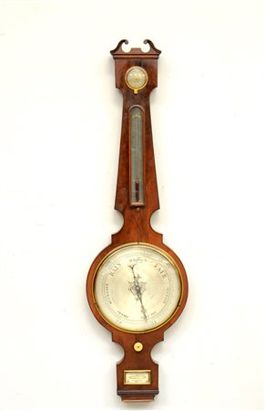 Barometro-termometro con cassa in legno di forma sagomata. Sec. XX (h. cm 110)