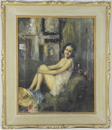 Scuola dell'inizio del sec XX "Scena d'interno con figure femminili" olio su...