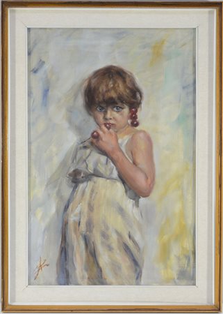 Firma indecifrata. "Bimba con ciliegie" olio su tela, siglato in basso a...