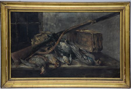 Angelino "Cacciagione" olio su tela (cm 60x97.5) firmato in basso a destra,...