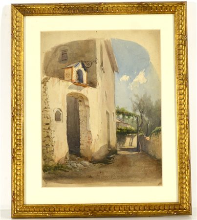 Luigi Bianchi (1827- 1914) (attr.) "Scorcio di paese" acquerello su...