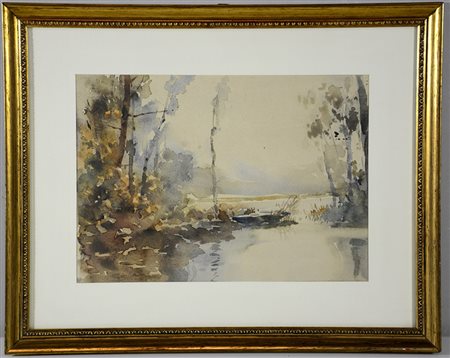 Ignoto "Paesaggio lacustre" acquerello su carta (cm 22x31) firmato in basso a...