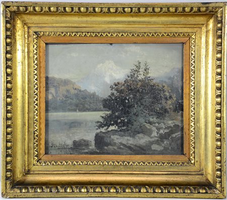 Maestro lombardo del XIX secolo "Scorcio lacustre" olio su cartone pressato...