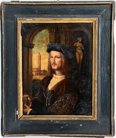 Antico dipinto raffigurante gentiluomo, olio su tavola (cm 45x59,5) In...