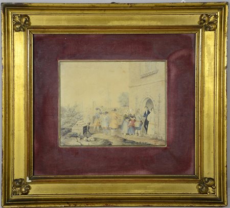 Firma indecifrata "La visita agli sposi" acquerello su carta (cm 13x16)...