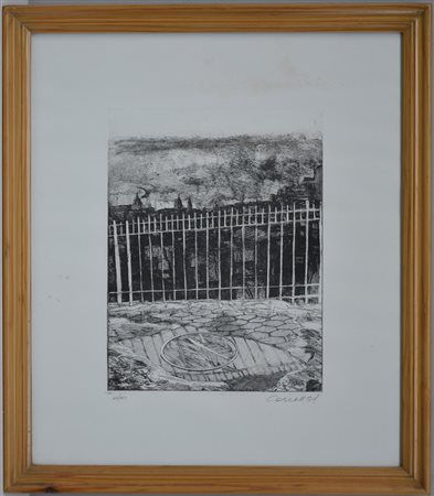 Firma indecifrata "Veduta dalla terrazza" acquaforte (cm 50x42) tiratura...