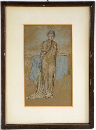 Ignoto "Donna in vestaglia" tecnica mista su cartoncino (cm 25x14), in...