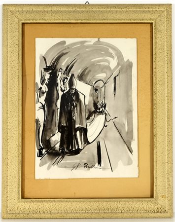 Ignoto "Cardinale" tecnica mista su carta applicata su cartoncino (cm...