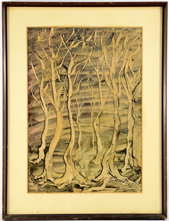 Firma indecifrata, "Composizione con alberi", tecnica mista su cartoncino (cm...
