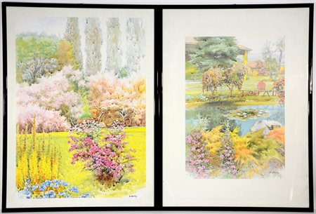 Lotto di due riproduzioni su carta raffiguranti giardini fioriti (misura...