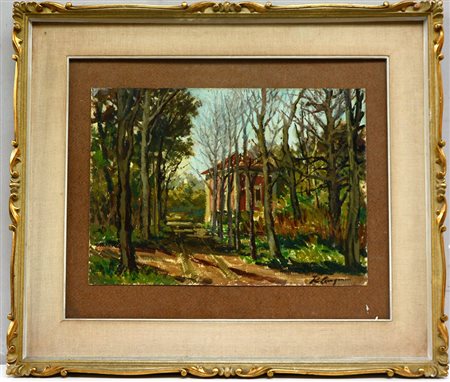 Firma indecifrata, "La casa nel bosco", olio su cartoncino (cm 34x47) firmato...